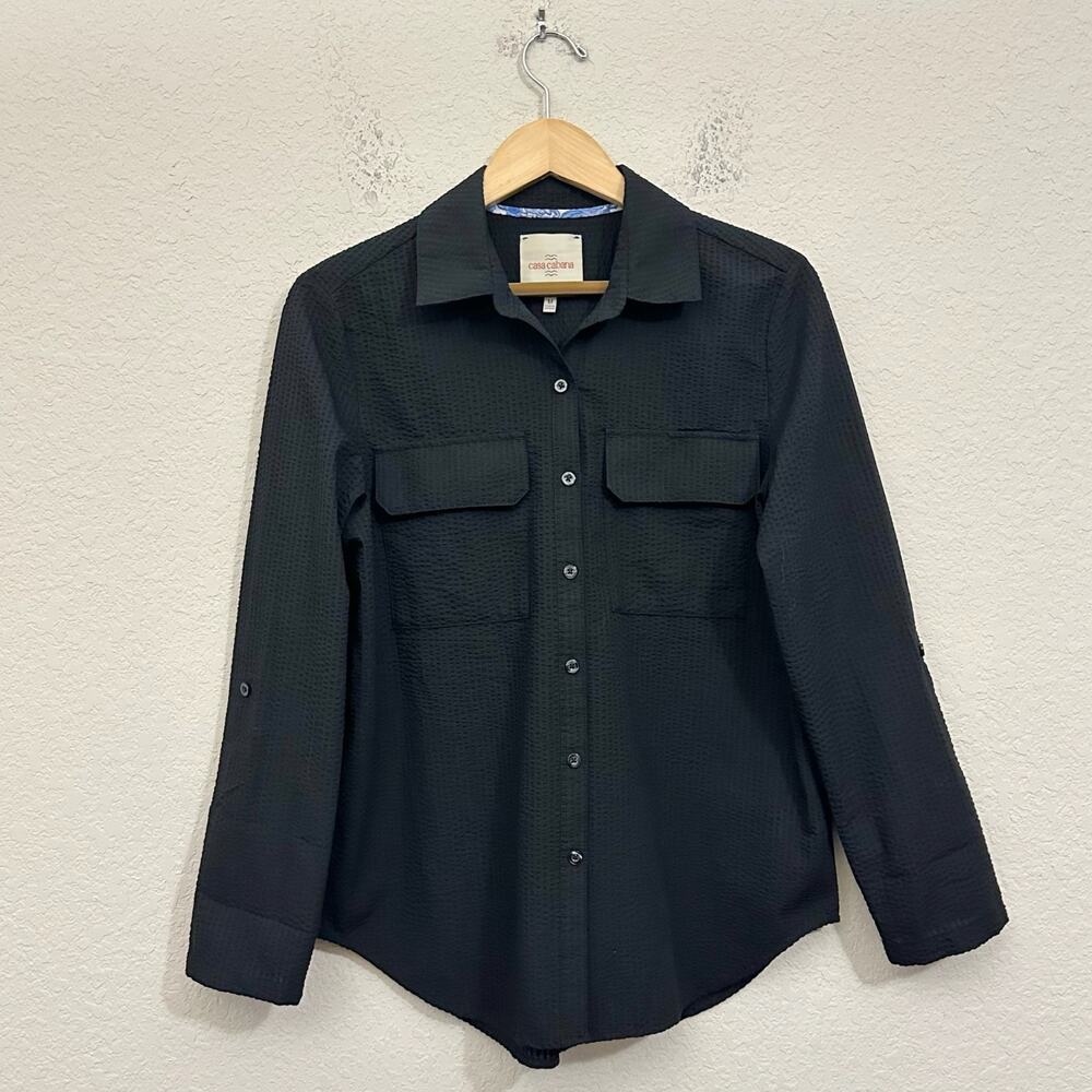 CASA CABANA Izzie Shirt Top Black Seersucker Button Up Roll Tab Sleeve